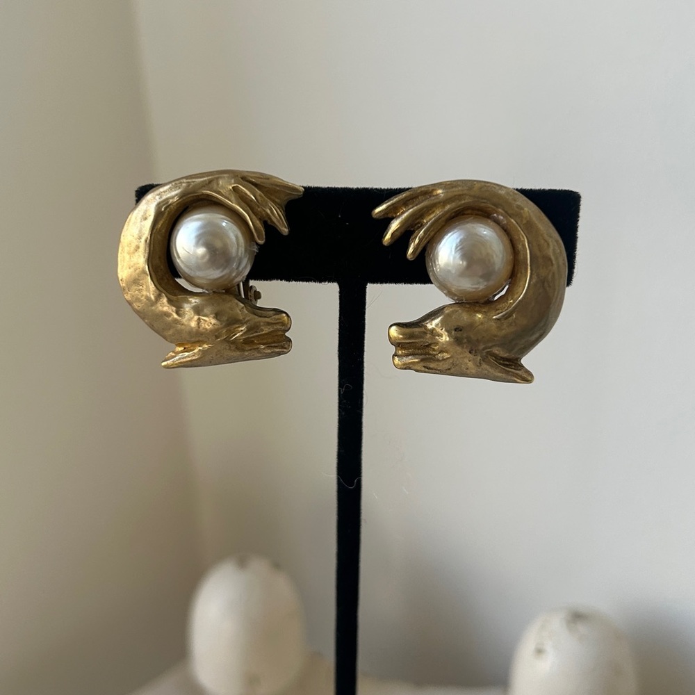 Jaded Jewels NYC Clip Earrings Dragon and Pearl Earrings 22kt Gold Plate Signed